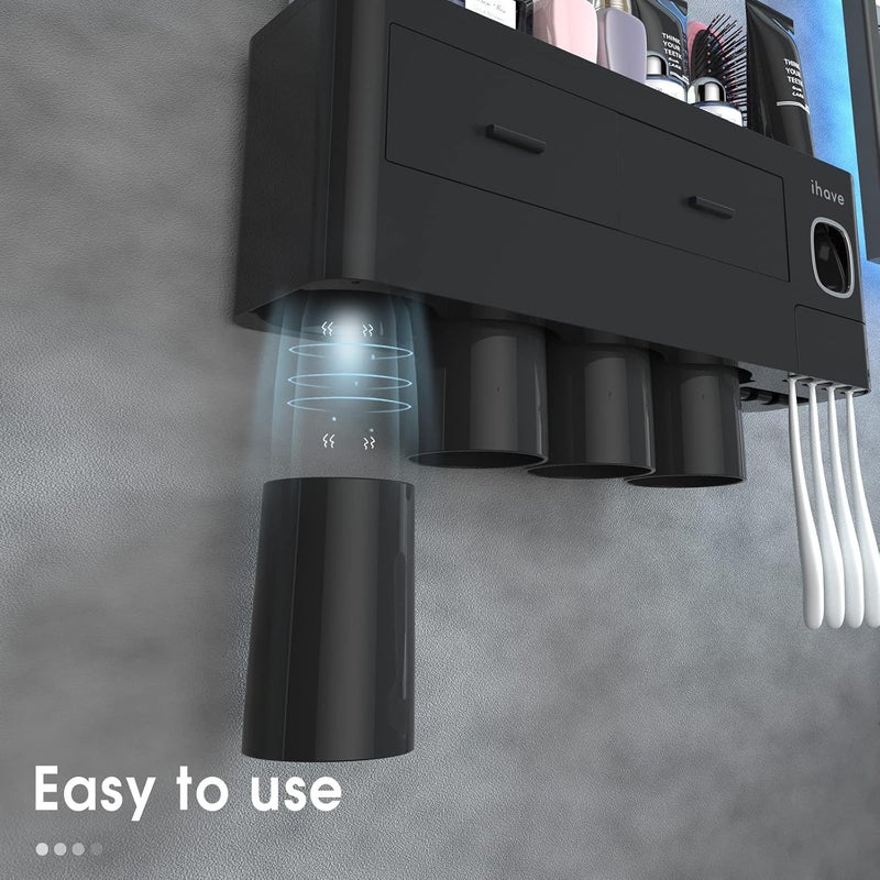 iHave حاملات فرشاة الأسنان للحمامات، حامل فرشاة الأسنان 4 أكواب مثبت على الحائط مع موزع معجون الأسنان - صينية بسعة كبيرة، 2 درج تجميلي - تخزين الحمام وتنظيم الحمام - Image 3